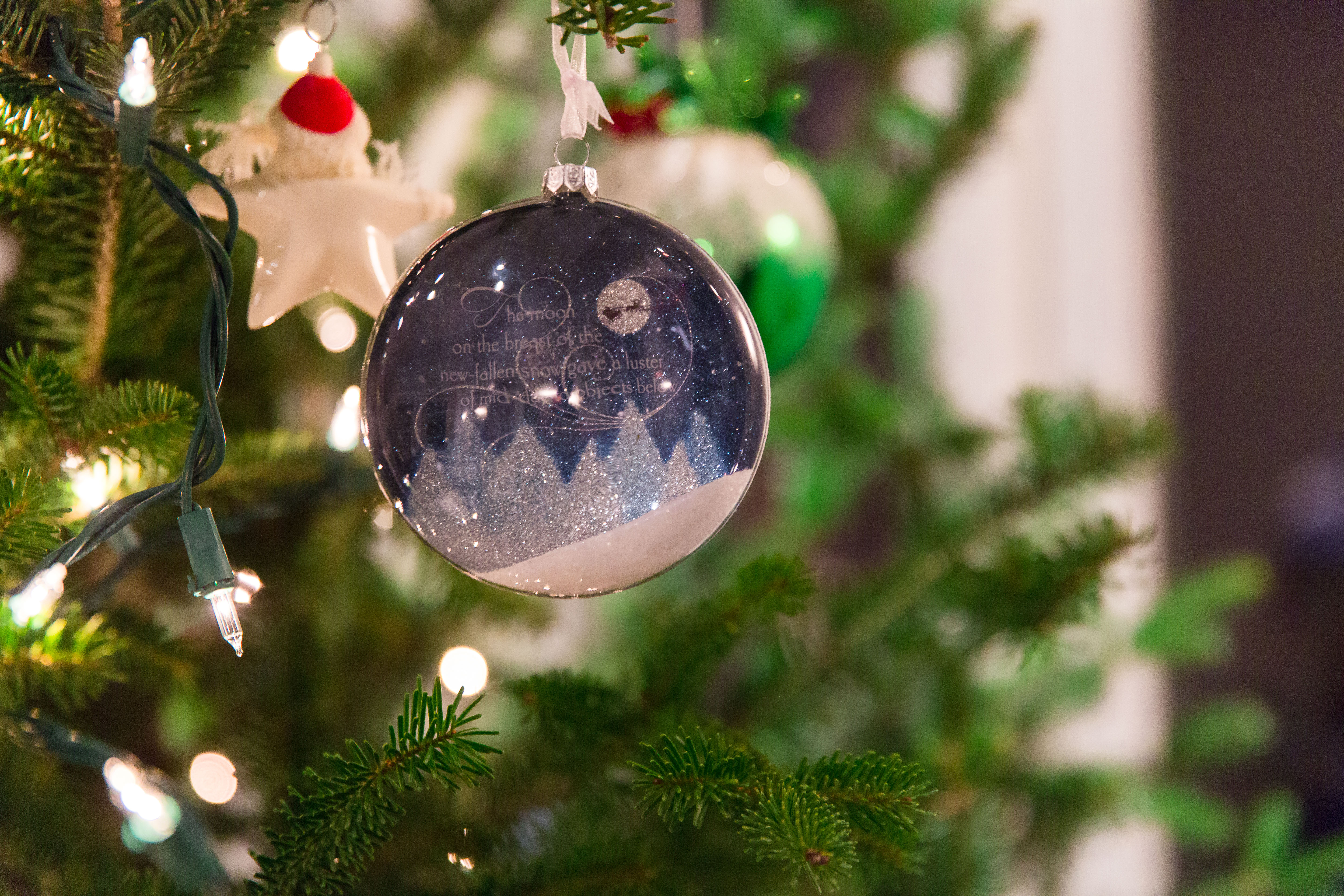 close up of blue and white sparkly ornament on christmas tree
